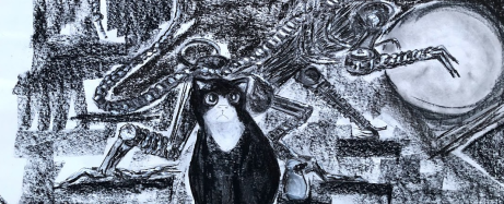drawing of cat with sculpture of Alien in the background