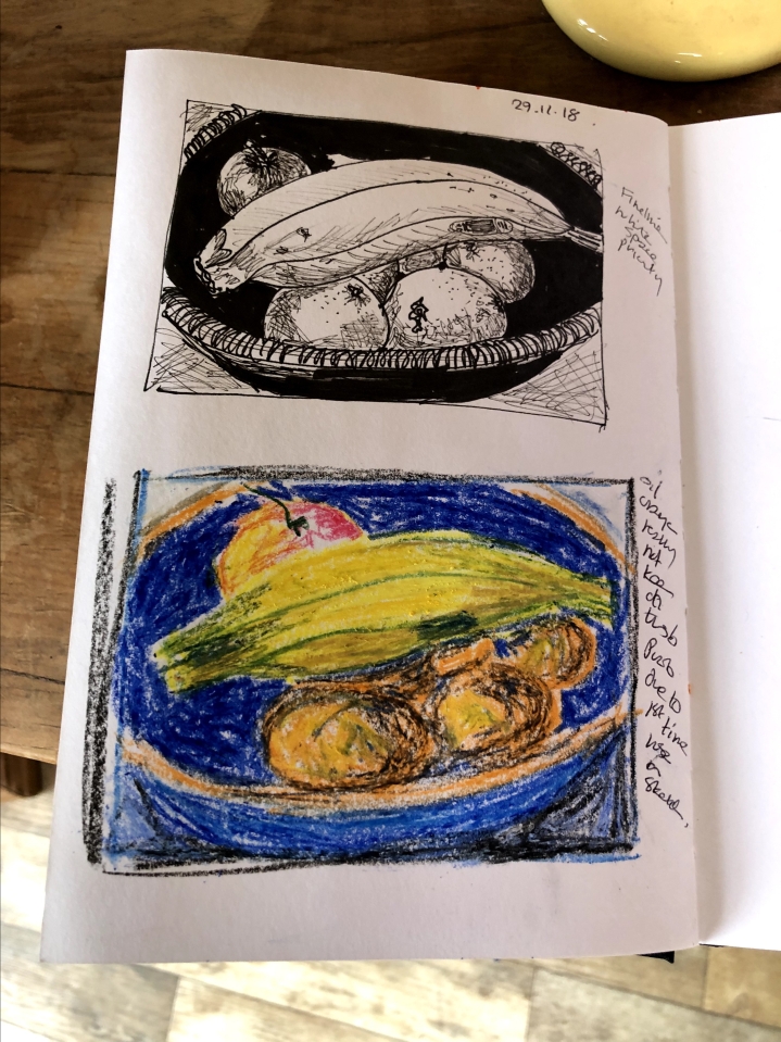 two drawings of fruit in a bowl